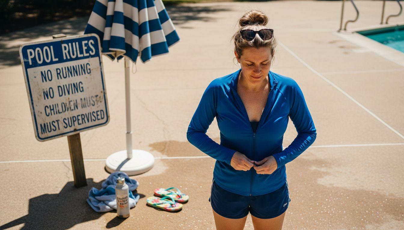 Swimmer in UPF shirt beside pool