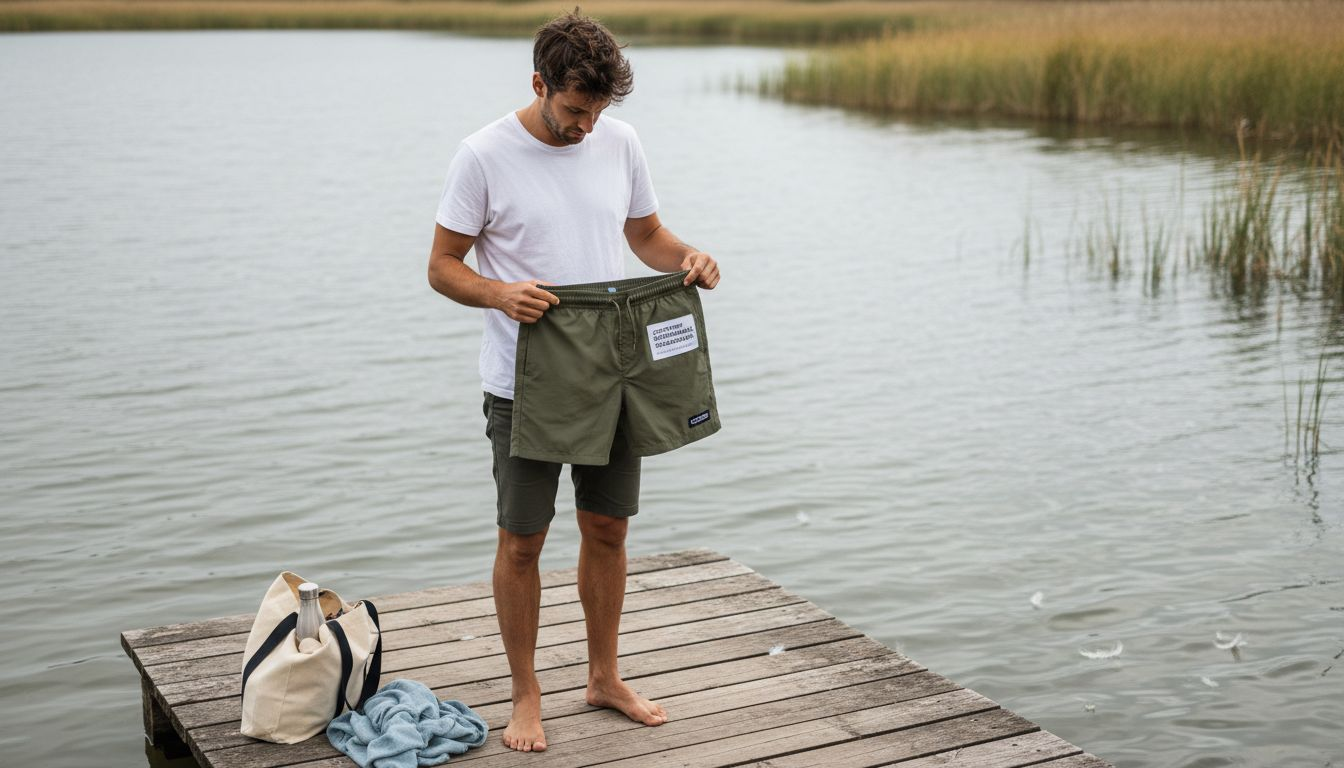 Man examines eco swim trunks on lake pier