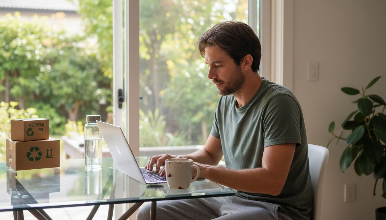 Man researching eco swimwear on laptop