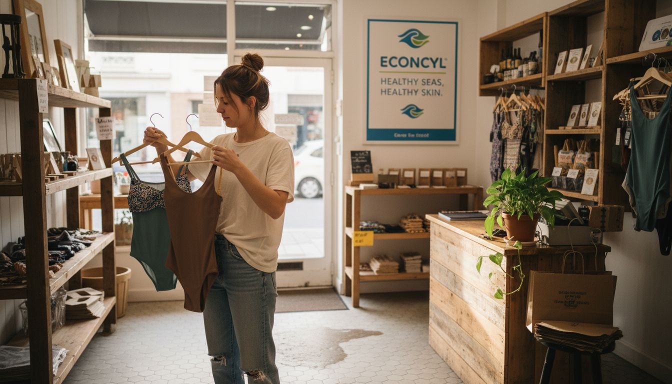 Woman compares eco swimwear in boutique