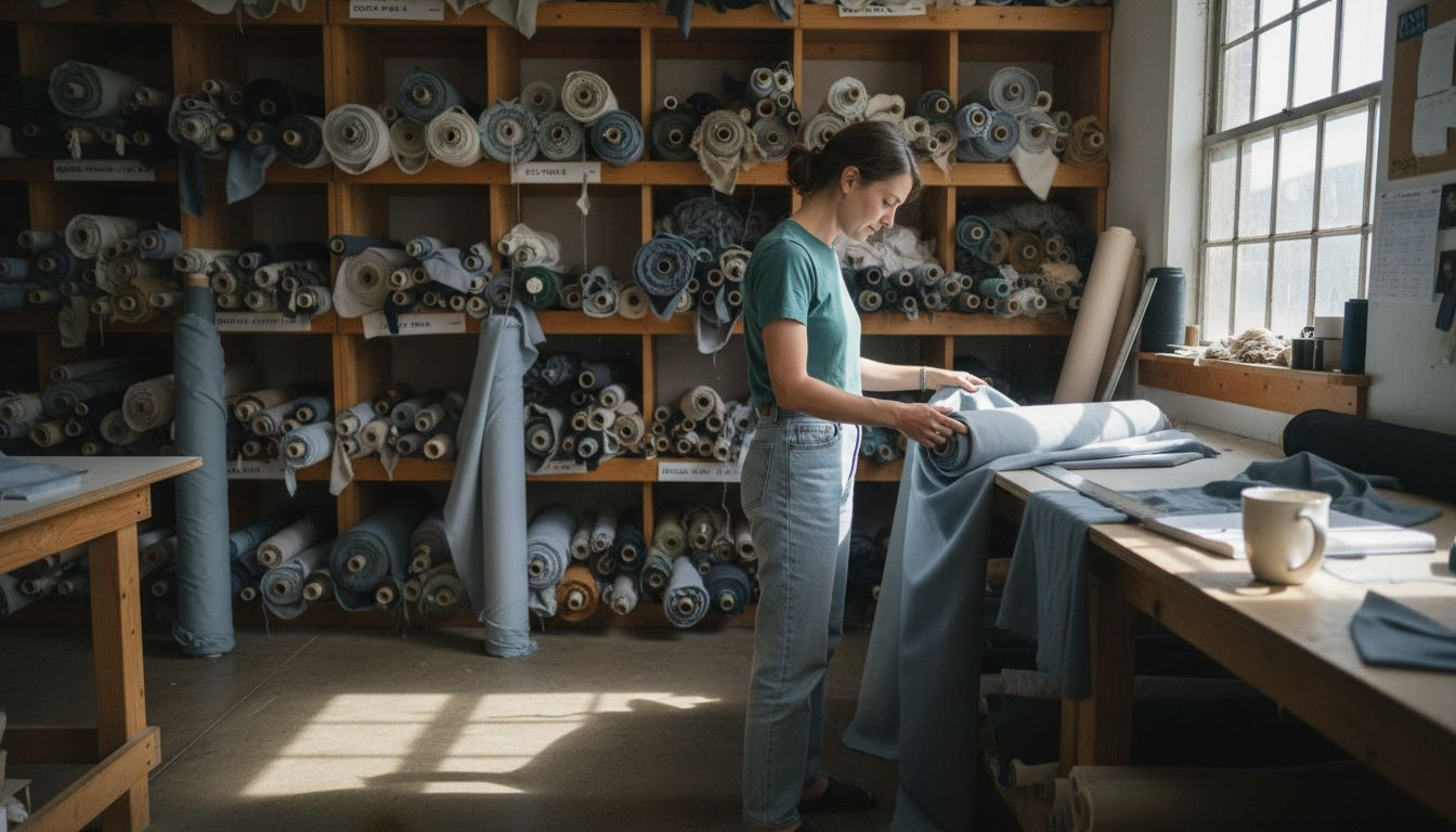Woman inspecting recycled fabric in textile workshop