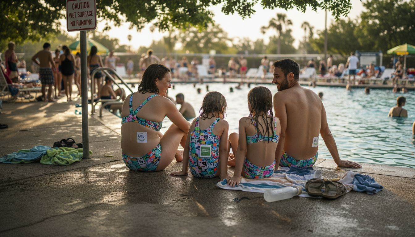 Group in sustainable swimwear at busy pool