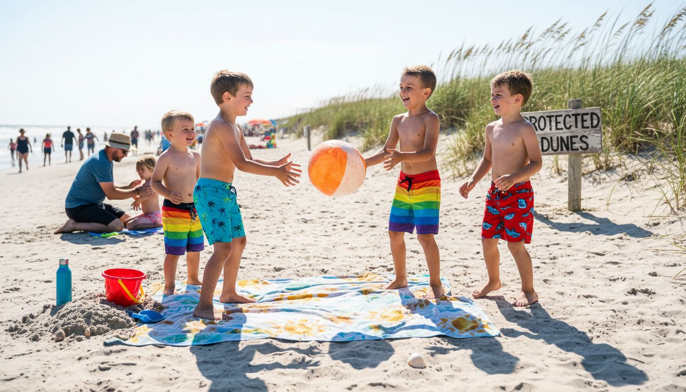 Boys wearing sustainable swim trunks playing on beach