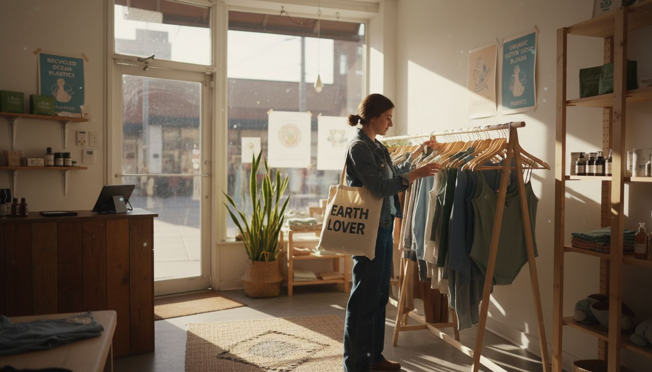 Shopper examining eco swimwear in boutique