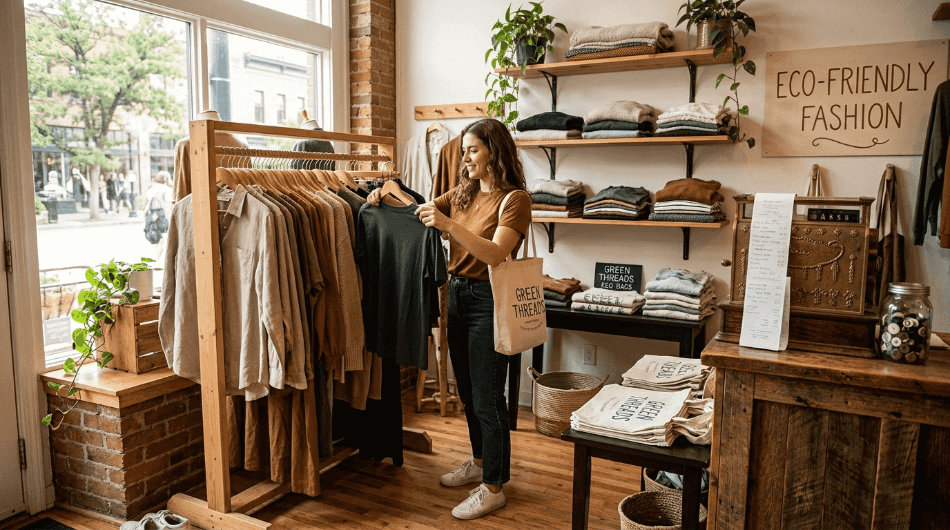 Shopper browsing sustainable clothing boutique