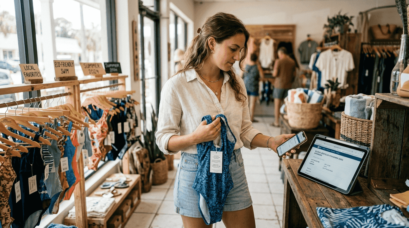 Woman checks swimwear certification label in boutique