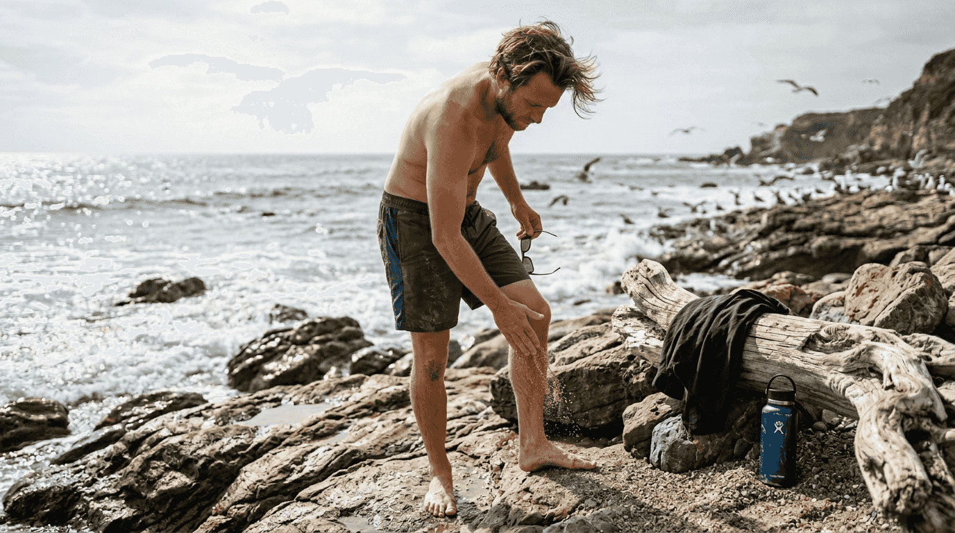 Man wearing sustainable swimwear at beach