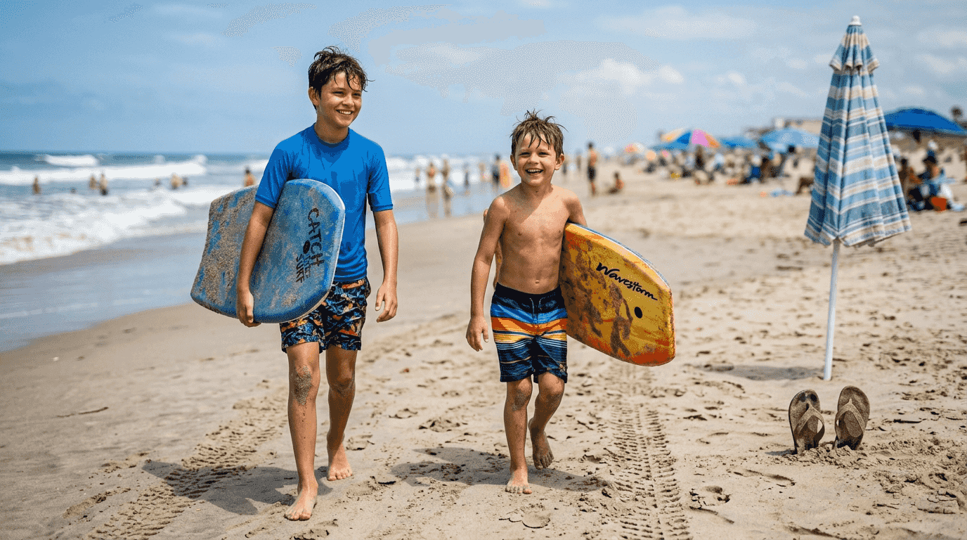 Two boys in colorful swim trunks walking on beach