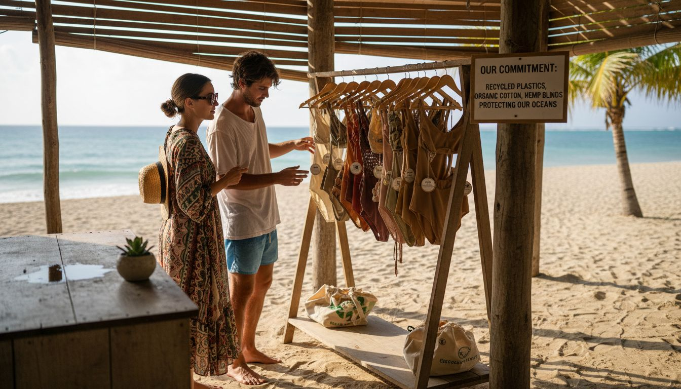 Couple shopping eco swimwear at beach hut