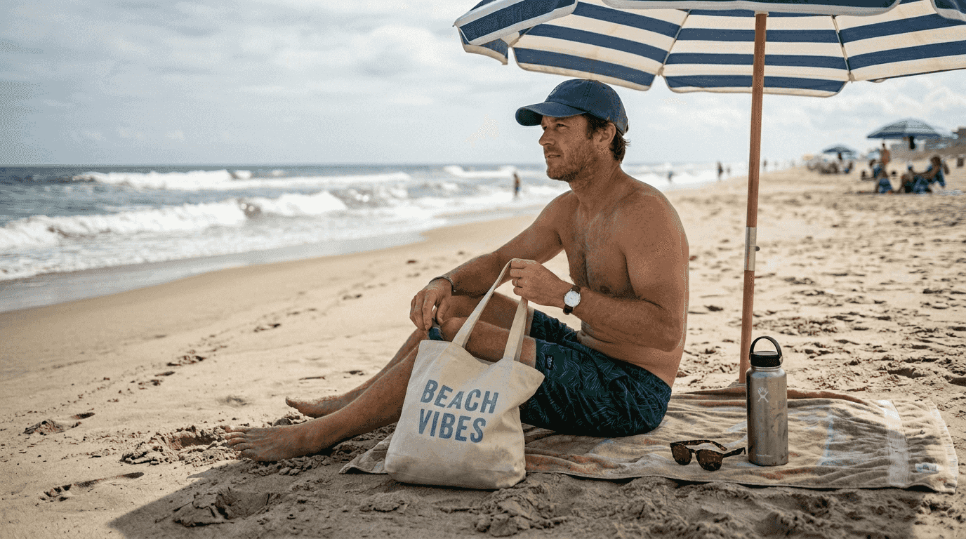 Man using reusable beach accessories on sand
