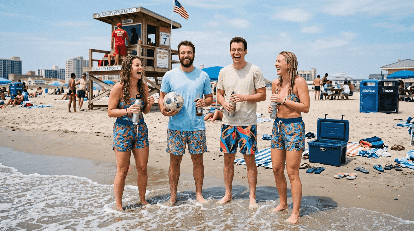 Group wearing recycled swim shorts on city beach