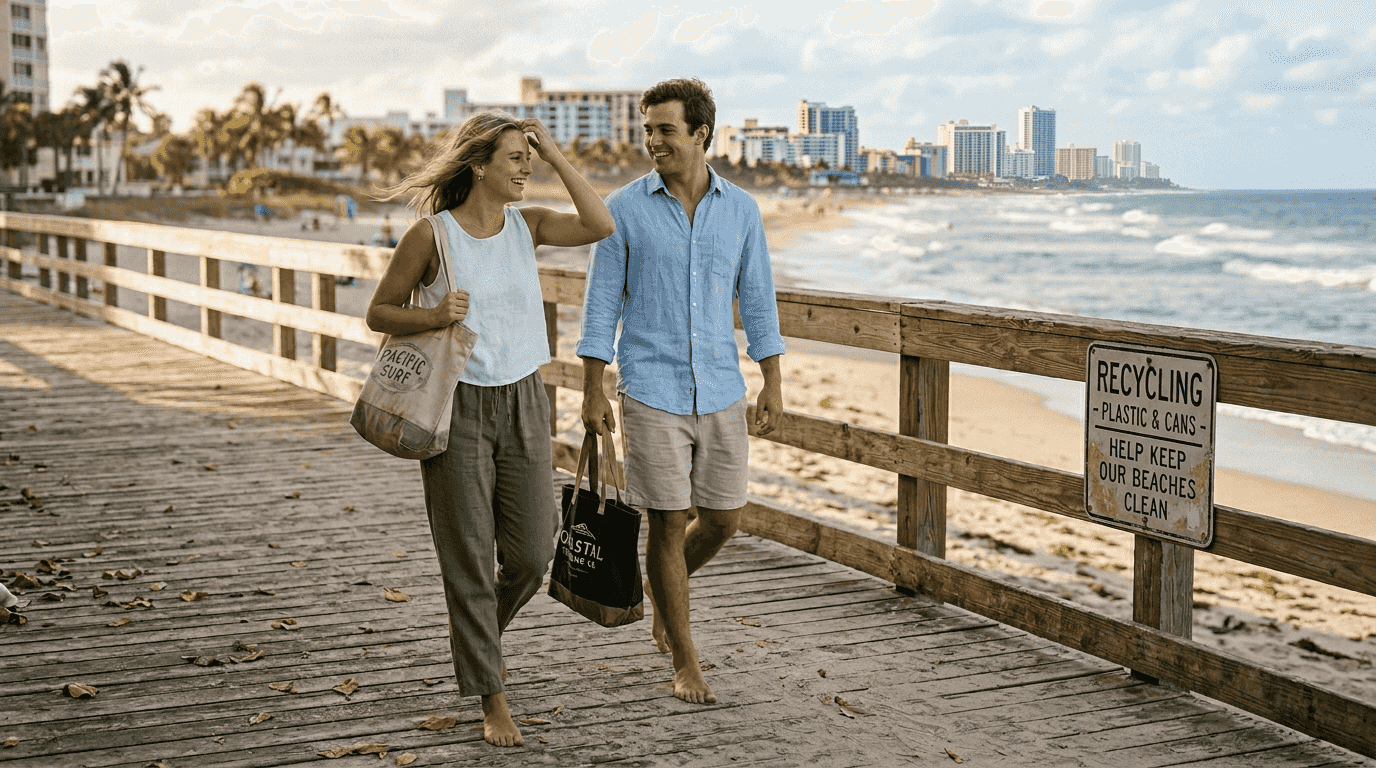 Young people wearing linen beachwear at ocean boardwalk