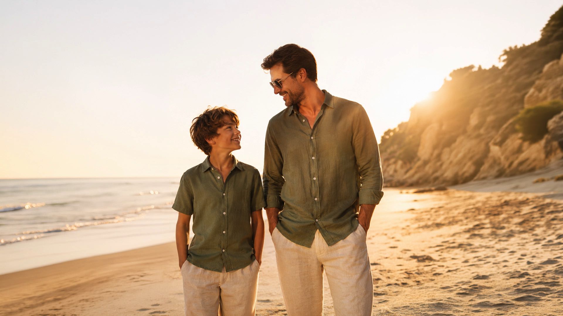 Father and son in matching resortwear styles at the beach