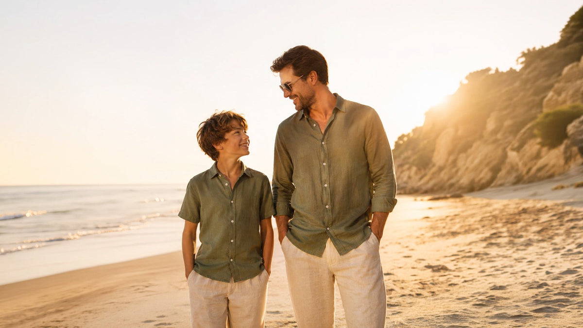 Father and son in matching resortwear styles at the beach