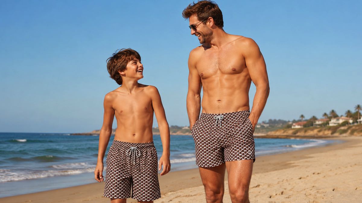 Father and son matching swim trunks at the beach