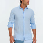 Men wearing Classic Light Blue Italian Linen Shirt and Geo Big Triangles Blue