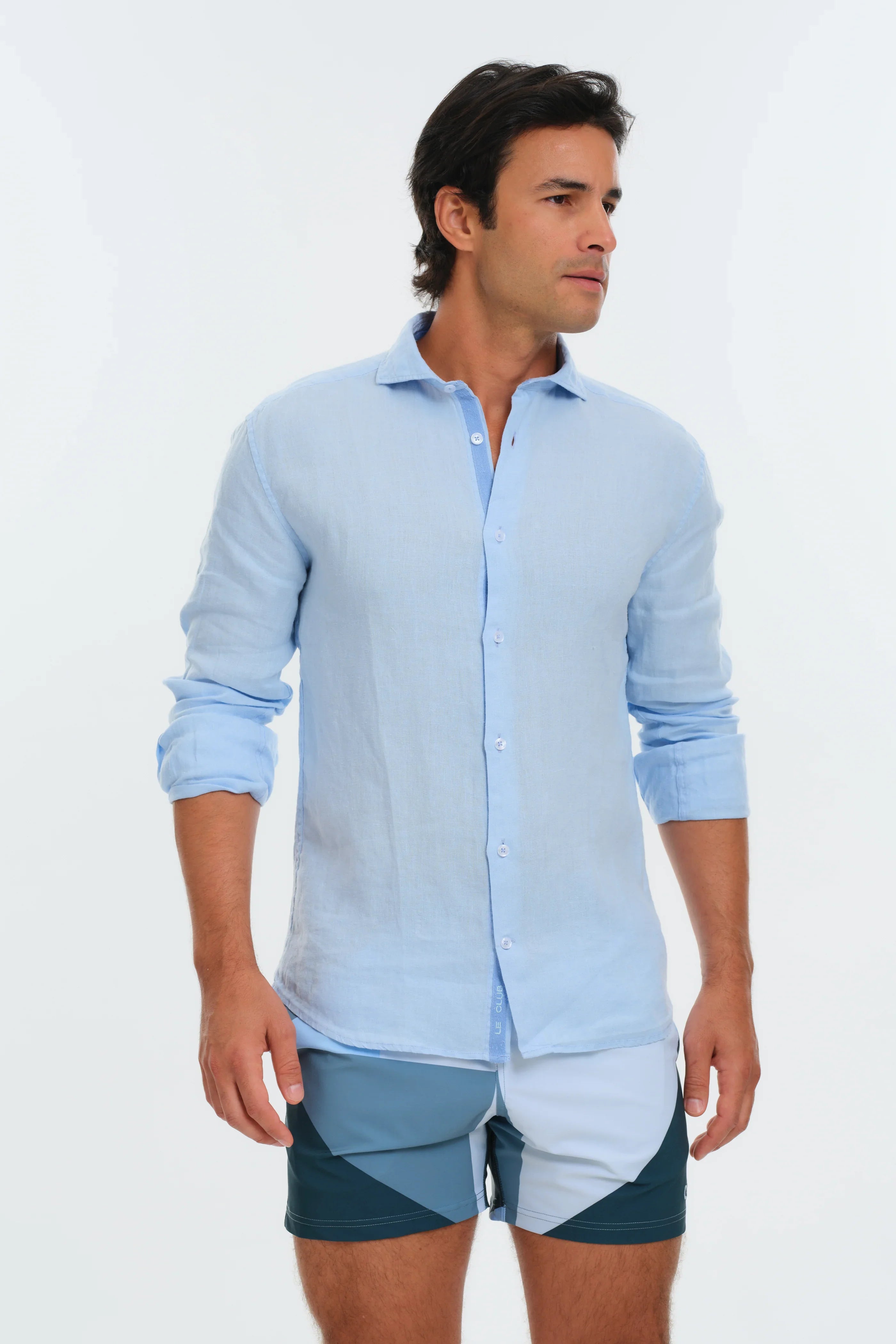 Men wearing Classic Light Blue Italian Linen Shirt and Geo Big Triangles Blue