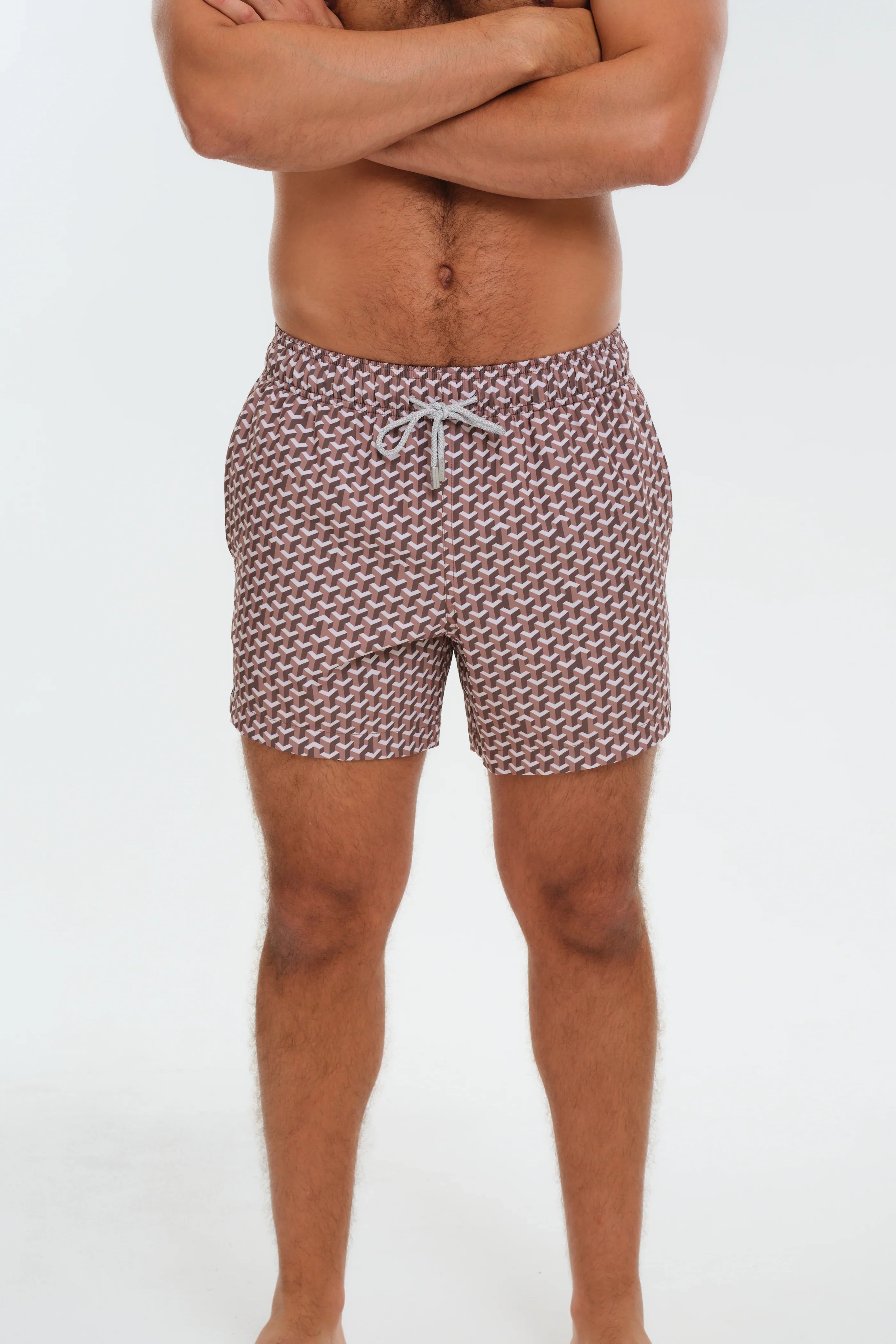 Men wearing Geo Brown Swim Trunk Front
