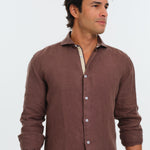 Men wearing Brown Italian Linen Shirt Front