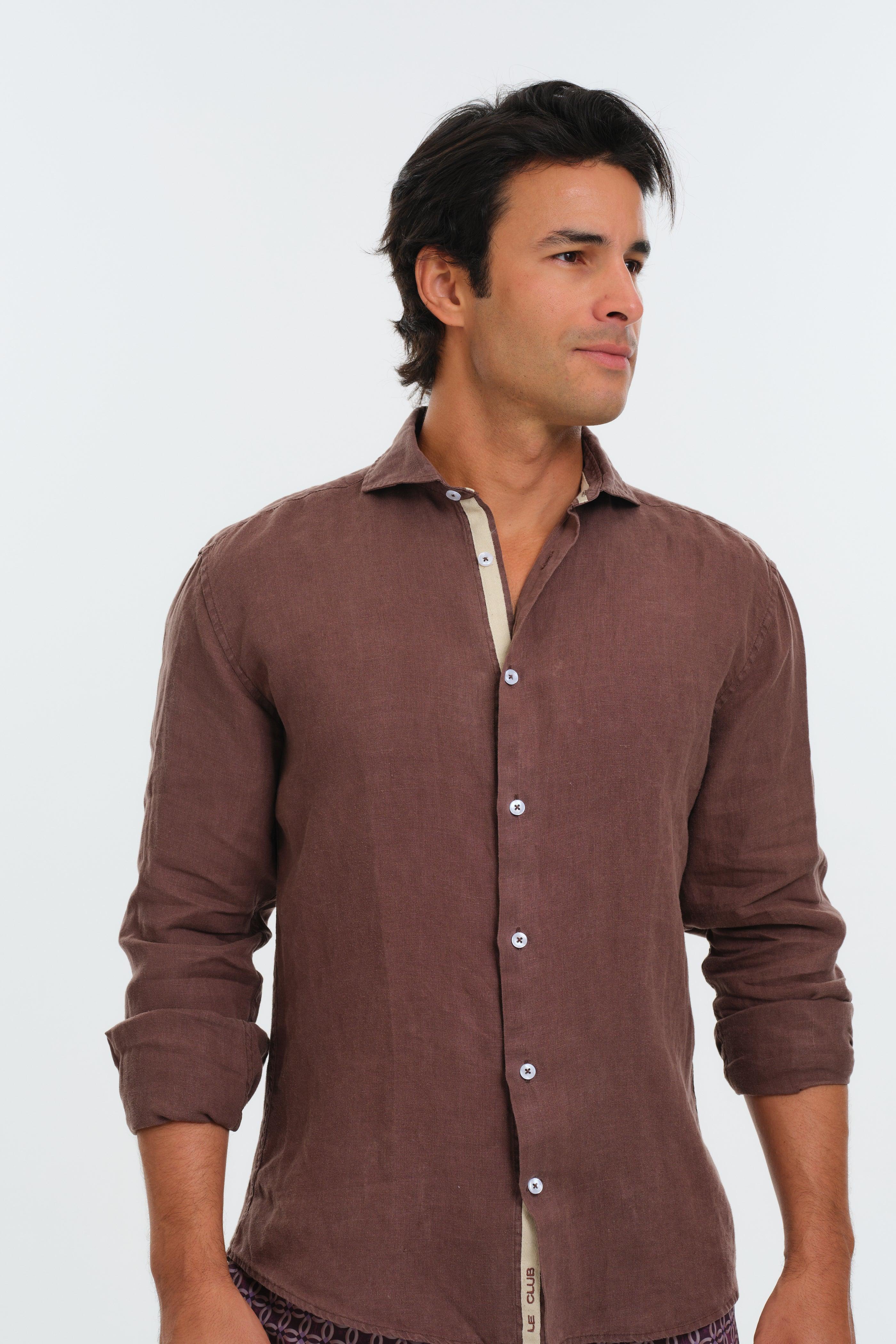 Men wearing Brown Italian Linen Shirt Front