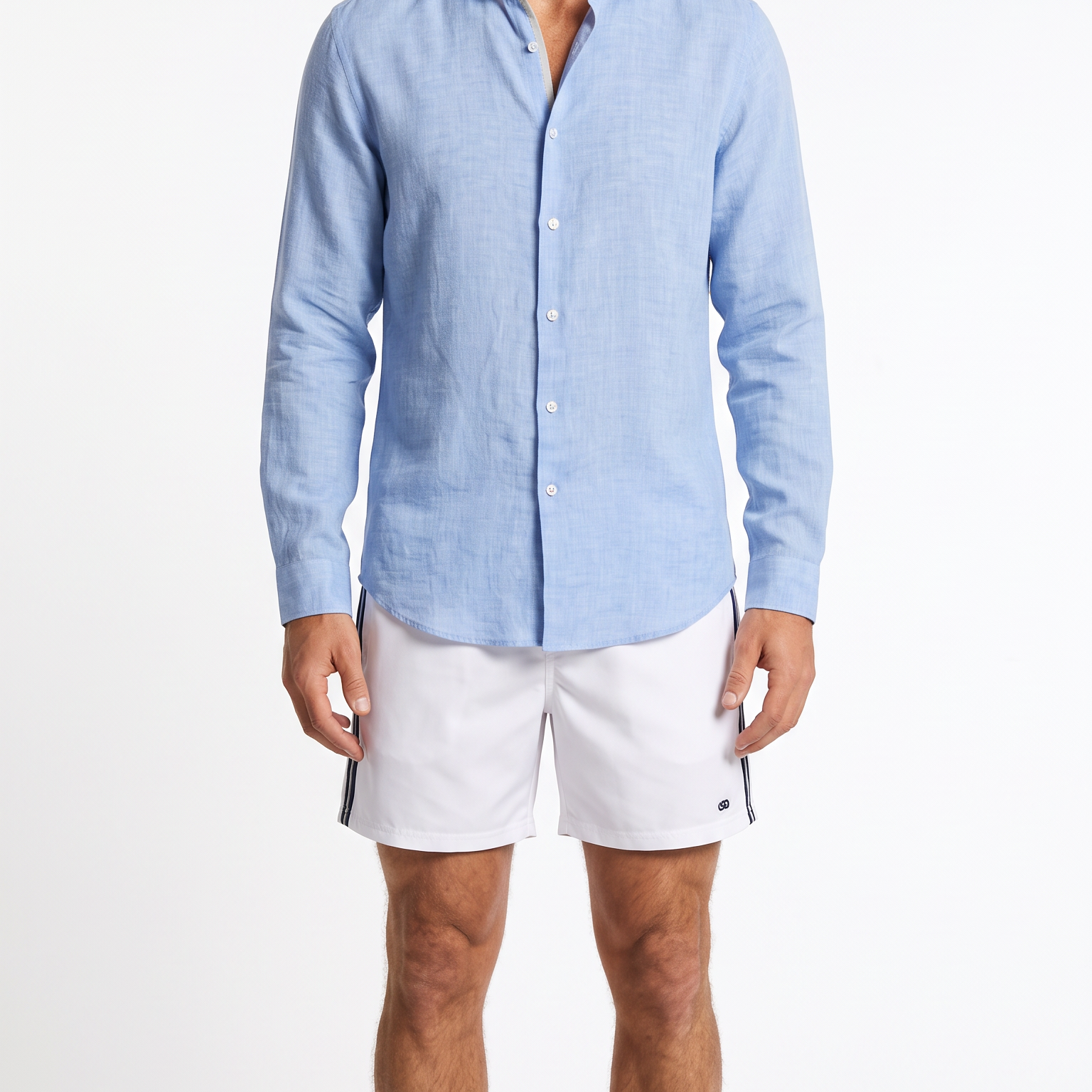 Man wearing light blue linen shirt by Le Club Original
